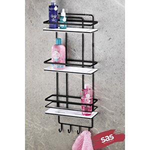 Yapışkanlı Ömür Boyu Paslanmaz Kristal Ayarlanabilir Raf Banyo Düzenleyici Şampuanlık Siyah - Beyaz Lş-03 Sbsk