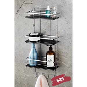 Yapışkanlı Ömür Boyu Paslanmaz Kristal Ayarlanabilir Raf Banyo Düzenleyici Şampuanlık Krom-si̇yah Lş-03 Kskk