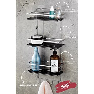 Yapışkanlı Ömür Boyu Paslanmaz Kristal Ayarlanabilir Raf Banyo Düzenleyici Şampuanlık Krom-si̇yah Lş-03 Kskk