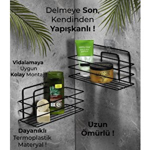 Ömür Boyu Paslanmaz Yapışkanlı Banyo Düzenleyici Şampuanlık Duş Rafı 2 Adet Siyah Tş-01
