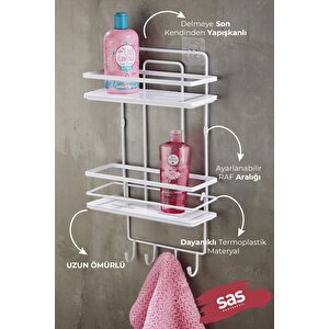 Yapışkanlı Ömür Boyu Paslanmaz Kristal Ayarlanabilir Raf Banyo Düzenleyici Şampuanlık Beyaz - Beyaz Lş-02 Bbbk