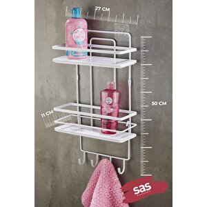 Yapışkanlı Ömür Boyu Paslanmaz Kristal Ayarlanabilir Raf Banyo Düzenleyici Şampuanlık Beyaz - Beyaz Lş-02 Bbbk