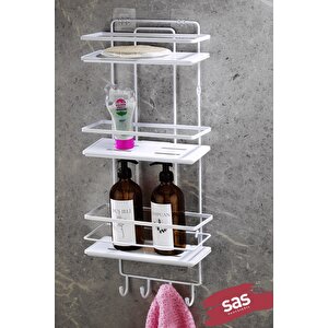 Yapışkanlı Ömür Boyu Paslanmaz Kristal Ayarlanabilir Raf Banyo Düzenleyici Şampuanlık Beyaz - Beyaz  Lş-03 Bbbk