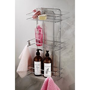 Paslanmaz Yapışkanlı 3 Katlı Banyo Şampuanlık Düzenleyici Delmeye Son Krom Tş-03