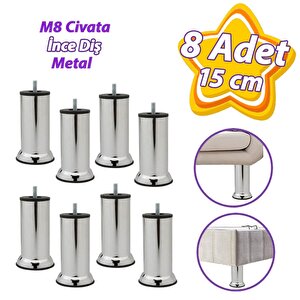 8 Adet Metal Destek Ayağı 15 Cm Krom Mobilya Kanepe Baza Koltuk Ünite Ayakları Metrik 8 Civatalı İnce Diş