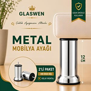 2 Adet Metal Destek Ayağı 12 Cm Krom Mobilya Kanepe Baza Koltuk Ünite Ayakları Metrik 8 Civatalı İnce Diş