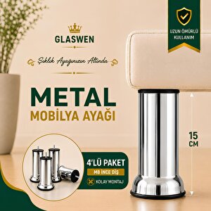 4 Adet Metal Destek Ayağı 15 Cm Krom Mobilya Kanepe Baza Koltuk Ünite Ayakları Metrik 8 Civatalı İnce Diş