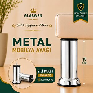 2 Adet Metal Destek Ayağı 15 Cm Krom Mobilya Kanepe Baza Koltuk Ünite Ayakları Metrik 8 Civatalı İnce Diş