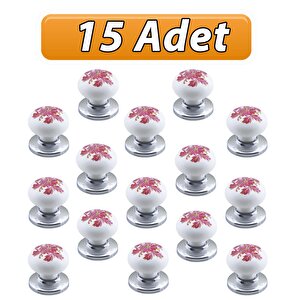 15 Adet Pembe Beyaz Ortanca Çiçek Desenli Krom Tablalı Polimer Düğme Kulp Mobilya Mutfak Dolabı Çekmece Kulbu Kulpları