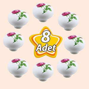 8 Adet Pembe Gül Desenli Beyaz Polimer Düğme Kulp Mantar Mobilya Mutfak Dolabı Çekmece Kulbu Kulpları