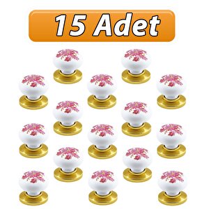 15 Adet Pembe Beyaz Ortanca Çiçek Desenli Altın Tablalı Polimer Düğme Kulp Mobilya Mutfak Dolabı Çekmece Kulbu Kulpları
