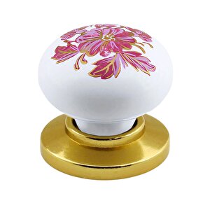 Pembe Beyaz Ortanca Çiçek Desenli Altın Tablalı Polimer Düğme Kulp Mobilya Mutfak Dolabı Çekmece Kulbu Kulpları