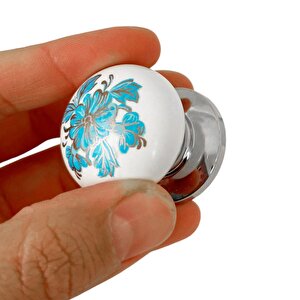 15 Adet Mavi Ortanca Polimer Kulpları Düğme Çiçek Desenli Beyaz Krom Tablalı Mobilya Mutfak Dolabı Çekmece Kulpu Kulbu