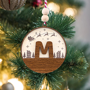 İskandinav Tarzı M Harfi Yılbaşı Ağaç Süsü, Kişiye Özel Minimalist Noel Baba Desenli Çam Ağacı Süsü