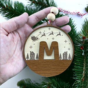 İskandinav Tarzı M Harfi Yılbaşı Ağaç Süsü, Kişiye Özel Minimalist Noel Baba Desenli Çam Ağacı Süsü