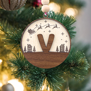 İskandinav Tarzı V Harfi Yılbaşı Ağaç Süsü, Kişiye Özel Minimalist Noel Baba Desenli Çam Ağacı Süsü