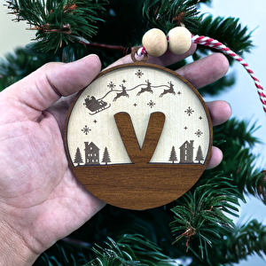 İskandinav Tarzı V Harfi Yılbaşı Ağaç Süsü, Kişiye Özel Minimalist Noel Baba Desenli Çam Ağacı Süsü