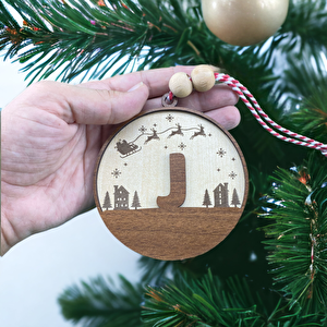 İskandinav Tarzı J Harfi Yılbaşı Ağaç Süsü, Kişiye Özel Minimalist Noel Baba Desenli Çam Ağacı Süsü