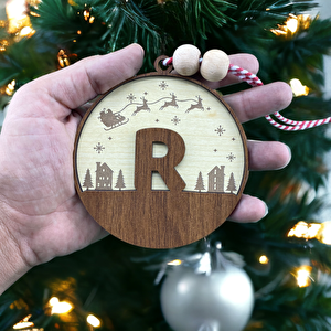 İskandinav Tarzı R Harfi Yılbaşı Ağaç Süsü, Kişiye Özel Minimalist Noel Baba Desenli Çam Ağacı Süsü