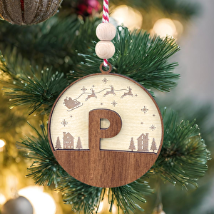 İskandinav Tarzı P Harfi Yılbaşı Ağaç Süsü, Kişiye Özel Minimalist Noel Baba Desenli Çam Ağacı Süsü
