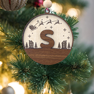 İskandinav Tarzı S Harfi Yılbaşı Ağaç Süsü, Kişiye Özel Minimalist Noel Baba Desenli Çam Ağacı Süsü