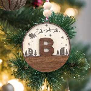 İskandinav Tarzı B Harfi Yılbaşı Ağaç Süsü, Kişiye Özel Minimalist Noel Baba Desenli Çam Ağacı Süsü