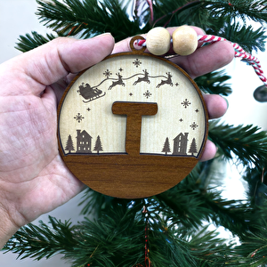 İskandinav Tarzı T Harfi Yılbaşı Ağaç Süsü, Kişiye Özel Minimalist Noel Baba Desenli Çam Ağacı Süsü