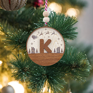 İskandinav Tarzı K Harfi Yılbaşı Ağaç Süsü, Kişiye Özel Minimalist Noel Baba Desenli Çam Ağacı Süsü