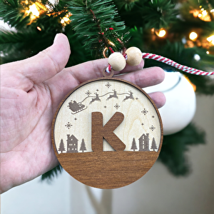 İskandinav Tarzı K Harfi Yılbaşı Ağaç Süsü, Kişiye Özel Minimalist Noel Baba Desenli Çam Ağacı Süsü
