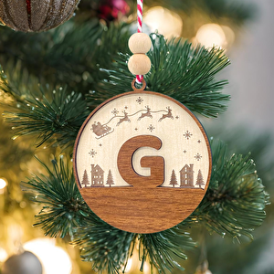 İskandinav Tarzı G Harfi Yılbaşı Ağaç Süsü, Kişiye Özel Minimalist Noel Baba Desenli Çam Ağacı Süsü
