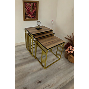 Milano Gold Metal Ayaklı Ceviz Üst Tablalı Zigon Sehpa