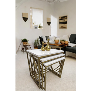 Venice Gold Metal Ayaklı Krem Üst Tablalı Zigon Sehpa