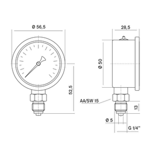 Pakkens 0-25 Bar 50 Mm Alttan Bağlantılı Gliserinli Manometre G 1/4 Inç