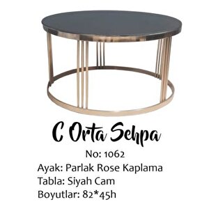 Brc 17568 Orta Sehpa Cdüz Siyah Temper Cam Metal Roza Renk Kaplam Ayak El Yapım