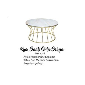Brc 17556 Orta Sehpa Kum Saat Sarı Mermer Temper Cam  Gold Renk Kaplama El Yapım