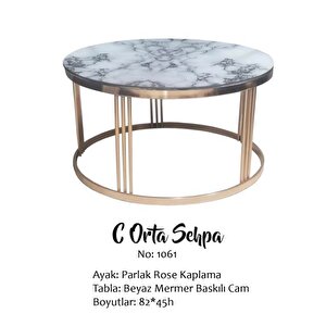 Brc 17566 Orta Sehpa C Beyaz Mermer Temper Cam Metal Rose Kaplama Ayak El Yapım