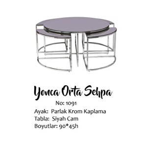 Brc Yonca Zigon-orta Sehpa Düz Siyah Temper Cam Metal Gümüş Renk Kaplama El Yapım