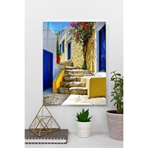 Eski Yunan Sokakları, Santorini Cam Tablo | Hediyelik, Dekoratif, Ofis, Mutfak 60x110 cm