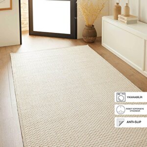 Yıkanabilir Jüt Görünümlü Krem Renk Hasır Desenli Halı Kilim 100 X 300 Cm