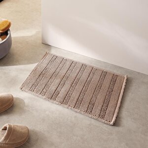 Yıkanabilir Pamuklu Bej Renk Çizgi Desen Banyo Paspası 40 X 60 Cm