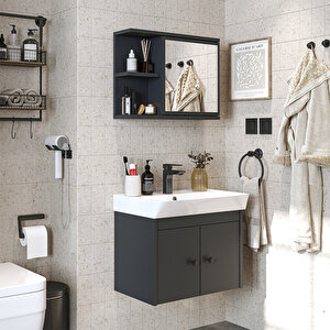 Lavabolu Mat Suntalam 60 Cm Banyo Dolabı + Aynalı Üst Dolabı Antrasit