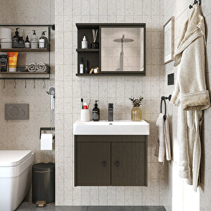 Lavabolu Mat Suntalam 60 Cm Banyo Dolabı + Aynalı Üst Dolabı Siyah