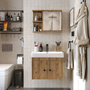 Lavabolu Mat Suntalam 60 Cm Banyo Dolabı + Aynalı Üst Dolabı Atlantik Çam