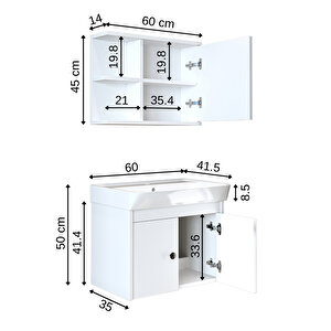Lavabolu Mat Suntalam 60 Cm Banyo Dolabı + Aynalı Üst Dolabı Beyaz
