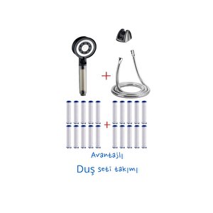 Avantajlı Paket Duş Seti Siyah (20 Adet Kireç Önleyici Filtre,mafsal,çelik Örgülü Duş Hortumu,5 Fonksiyonlu Duş Başlığı )