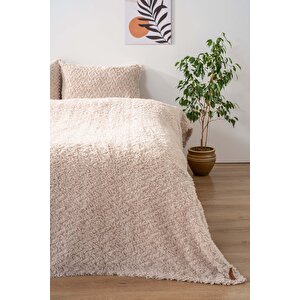 Dali Zigzaglı Bej Çift Kişilik Jakarlı Deluxe Uyku Seti 3 Parça Yatak Örtüsü Seti