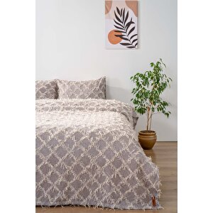 Ferly Püsküllü Gri Çift Kişilik Jakarlı Deluxe Uyku Seti 3 Parça Yatak Örtüsü Seti