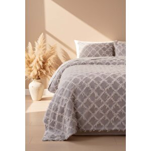 Ferly Püsküllü Gri Çift Kişilik Jakarlı Deluxe Uyku Seti 3 Parça Yatak Örtüsü Seti