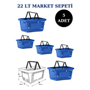 5 Adet 22 Litre Market Sepeti, Alışveriş Sepeti, Saplı Market Sepeti