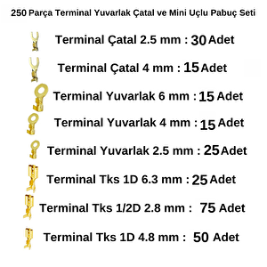 250 Parça Terminal Yuvarlak Çatal Ve Mini Uçlu Pabuç Seti